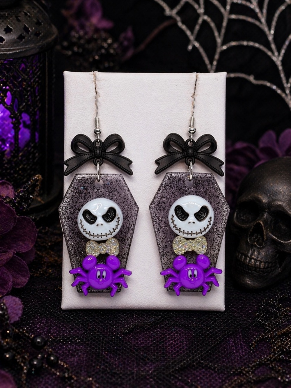 Halloween-Inspired Purple Spider Coffin Dangle Earrings with Black Bows